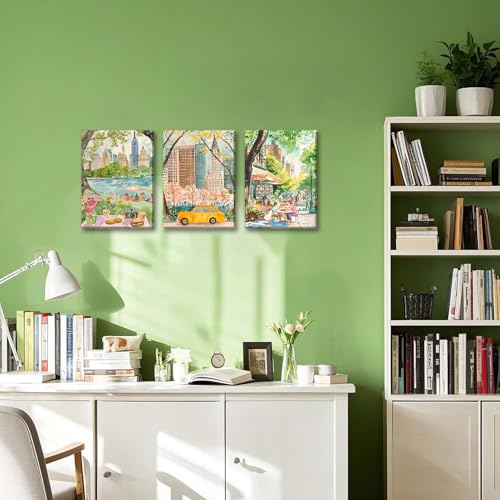 XLARTMY New York City Poster Travel Wall Art Canvas Framed Watercolor NYC Central Park Landmarks Artwork Decor Painting Prints Pictures Set of 3 for Bedroom Living Room Bathroom Office 12x16in - color: Watercolor City, size: 12x16in Canvas
