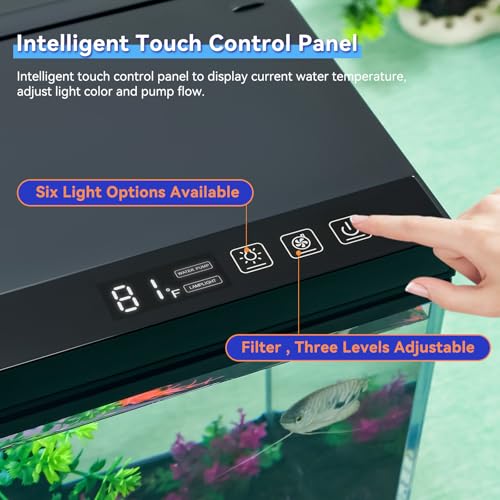 17.6x9.7x11.3 in Fish Tank Kit Complete Aquarium for Betta Fish Goldfish | Real-Time Temp Display, 3-Speed Water Pump, Smart Storage, Flexible Filter, 6 Color Lights