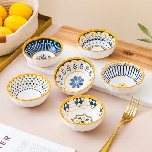 6 Pack 6 oz Cute Moroccan Soy Sauce Dish Small Dipping Sauce Bowls Ceramic Sushi Dipping Bowls for Sushi,Side Dish,Ketchup,Dips,Condiment,Snack,BBQ Party - color: Yellow