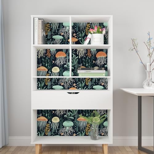 Blue Jellyfish Wallpaper Peel and Stick, Vintage Sea Ocean Contact Paper 17.5" x 393.7", Seaweed Wall Paper Self Adhesive Removable Waterproof for Children's Room Bathroom Shelves Cabinet Table Drawer - color: Dark Blue/Orange, size: 17.5" x 393.7"