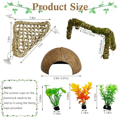 6 PCS Hermit Crab Accessories Small Bendable Moss Hermit Crab Climbing Toys Coconut Shell Hut Climbing Hammock with Suction Cup Plastic Plants for Reptile Amphibian - size: 4.72in