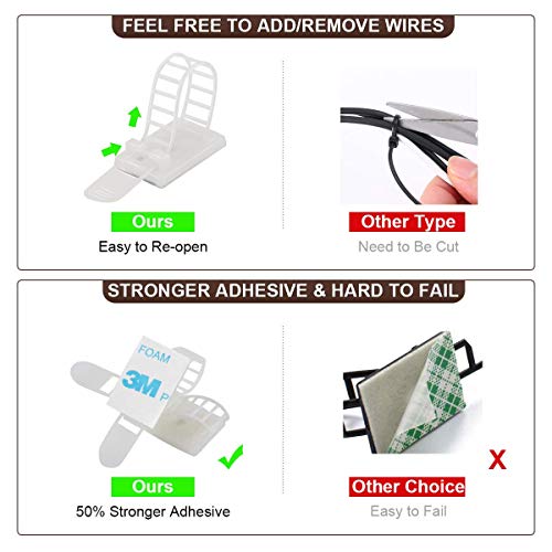 100Pcs Adhesive Cable Management Clips with 50Pcs Zip Ties, Adjustable Nylon Cable Strap Ties Wire Clips Clamps Organizer, Extra Screw & Hole - 3.55 Inch White - color: White, size: L-100pcs