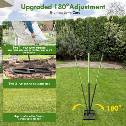 Seeutek Lawn Leveling Rake, 30” x 10” Lawn Leveler with 6.5FT Handle Rakes for Lawns, 0-180° Adjustable Ground Leveler Tool for Yard, Level Soil Sand Dirt Surfaces - size: 30"*10"