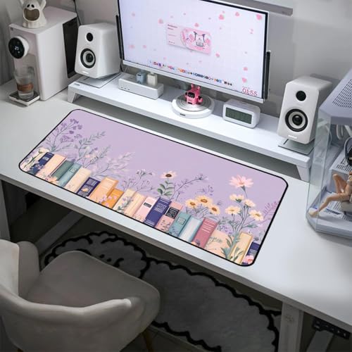 Purple Book Desk Pad Mat XXL, Lavender Flower Large Mousepad, Game Desk Mat, Extended Laptop Keyboard Mats, Cute Desktop Protection Pad, Women's Home Office Desk Decoration 31.5"X15.7" - color: Purple Lavender