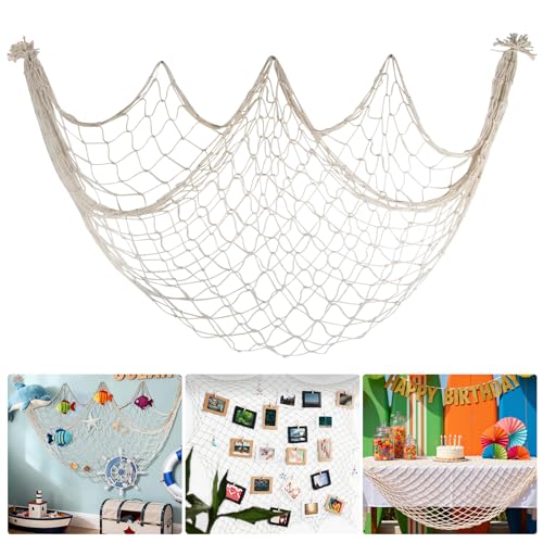 80x40 Inch Fishing Net Decor, 3mm Beige Natural Cotton Large Decorative Fish Netting Table Runner, Wall Ceiling Halloween Party Decorations for Pirate Under The Sea Nautical Mermaid Themed Party - color: Beige, size: Large - 1 Pack