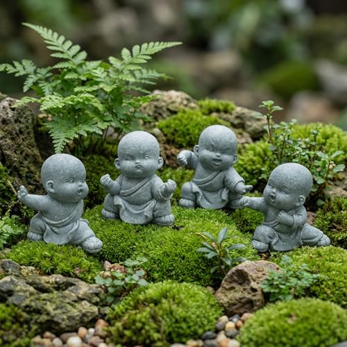 4pcs Mini Buddha Statue, Small Aquarium Decoration, Feng Shui Zen Monk Sandstone Sculpture, Cute Fish Tank Ornament for Home Garden