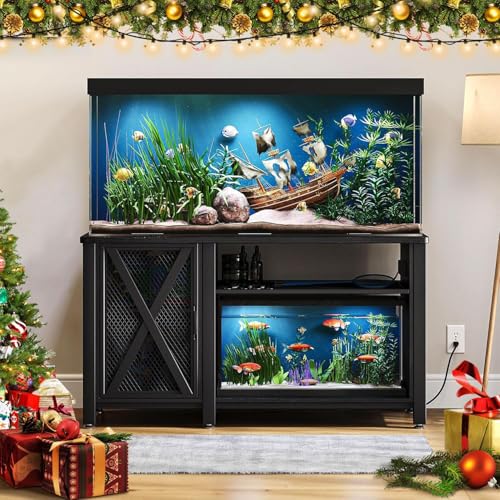 DWVO 55-75 Gallon Aquarium Stand with Power Outlets, Cabinet for Fish Tank Accessories Storage - Heavy Duty Metal Fish Tank Stand Suitable for Turtle Tank, Reptile Terrarium, 860LBS Capacity, Black