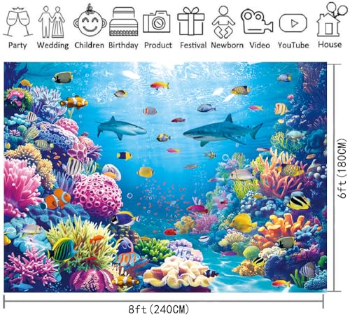 Under The Sea Backdrop Ocean Underwater World Tropical Fish Coral Summer Photography Background Aquarium Theme Baby Shower Birthday Party Decorations Banner Photo Props (8x6FT) - size: 8x6FT