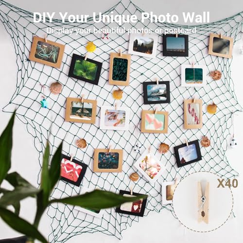 80x40 Inch Decorative Fishing Net w/Shells & Clips, 3mm Thickness Aqua Natural Cotton Large Photo Hanging Fishnet, Wall Party Decorations for Nautical Pirate Hawaii Underwater Mermaid Themed Party - color: Aqua, size: Large - 1 Pack with shells