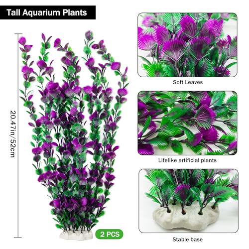 20.47 Inch Tall Aquarium Plants – Large Lifelike Artificial Fish Tank Decorations, 2 Pcs Fish Tank Plants Plastic, Durable & Safe for Freshwater/Saltwater Aquariums (Purple (Style C)) - color: Purple (Style C)