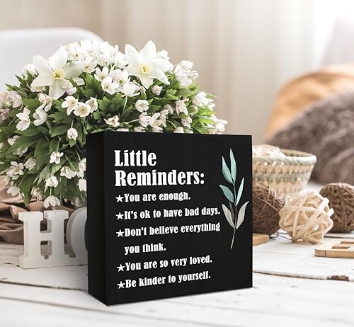 SRADMO Inspirational Little Reminders Wood Box Sign Desk Decor, Inspirational Desk Decor, College Motivational Positive Affirmation Gifts Box Sign For Office Home Dorm Tabletop Shelf Decoration(Black) - color: black, size: 5″×5″