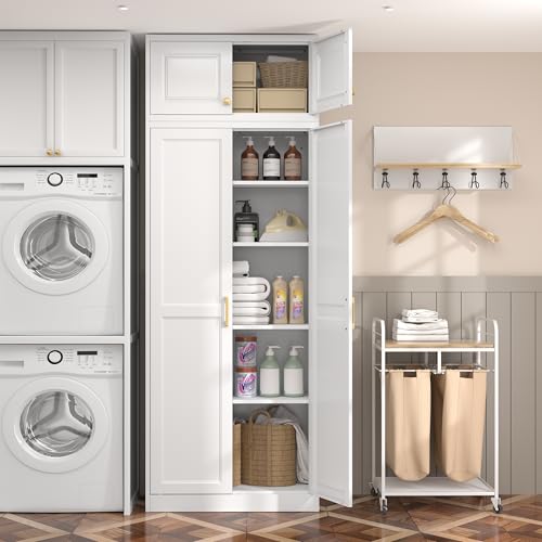 Steeloong86“ Kitchen Pantry Cabinet,Metal Storage Cabinets with Doors and 4 Adjustable Shelves,White Kitchen Cabinet with 4 Gold Handles,Tall Cabinet for Livingroom,Pantry, Bathroom - color: White, size: 86"H-A