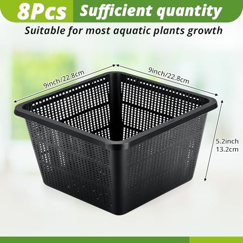 8 Pcs Aquatic Plant Baskets for Hydroponics Water Garden Plant Pots Black Plastic Mesh Basket 9 x 9 x 5.2 Inch Square Pond Containers for Island Live Aquarium Botany Flowers