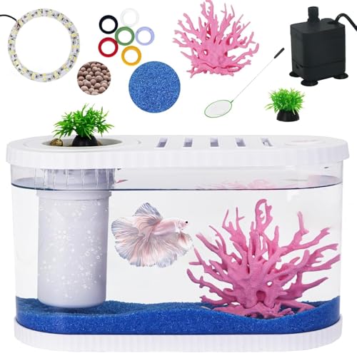 2.2Gal Aquarium Starter Kits, Small Beta Fish Tank Kit with Quiet Filter & Color Light, Nano Desktop Tank for Betta Shrimp Guppy Goldfish, Complete Starter Kit (12.6 * 7 * 5.6 Inch) - color: WHITE
