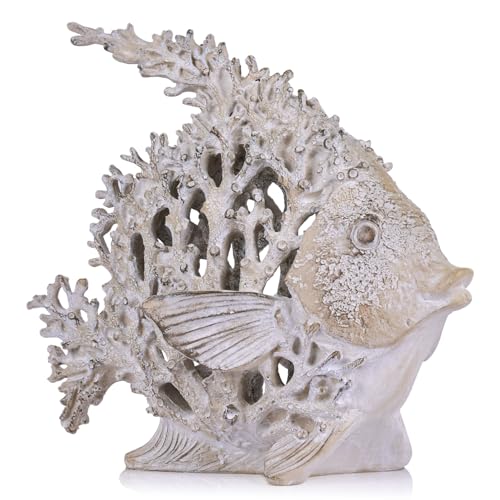QIANLING Beach Coastal Decor Coral Reef Angelfish Figurines, Modern Nautical Decor Ocean Centerpieces for Living Room, Bathroom, Office, Coffee Table, Beach House, Seaside, Entrance, Shelf Decorative - color: Sandstone White, size: Small