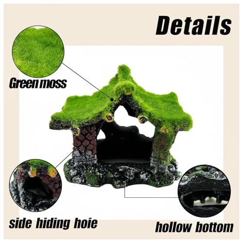 Resin Aquarium Decoration Cave with Moss, Hollow Fish Tank Hideout for Betta, Shrimp, Small Fish - Stable Base, Salt & Fresh Water Safe