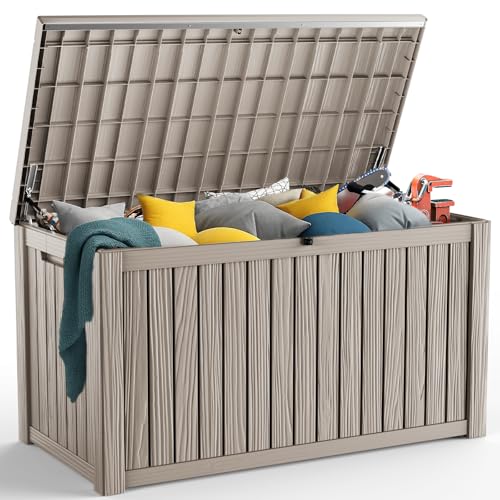 PatioZen 200 Gallon Resin Deck Box, Lockable Patio Outdoor Storage Box for Furniture, Garden Tools and Tools Storage, Waterproof Outside Storage Boxes - Grey - color: Grey, size: 200 Gallon