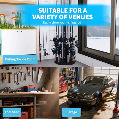 360° Rotating Wood Fishing Rod Holder, Black Round Fishing Pole Rack, Floor-Standing Fishing Rack Stores 16 Rods, Fishing Pole Storage Organizer for Garage, Basement, or Shed, Easy to Install - color: Black, size: Round