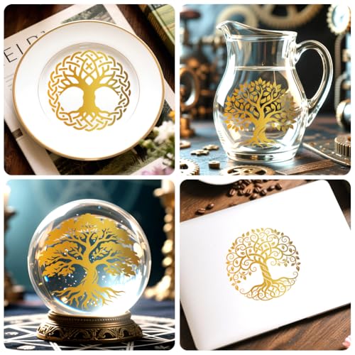 Peacoblue 18 Sheets Rub on Transfers for Crafts, Golden Tree of Life 3.6"x3.9" UV DTF Cup Wraps Waterproof Cold Transfers Stickers for Wood Glass Metal Cup Tumblers Mirrors Mugs Home Decor - style: Golden Tree of Life