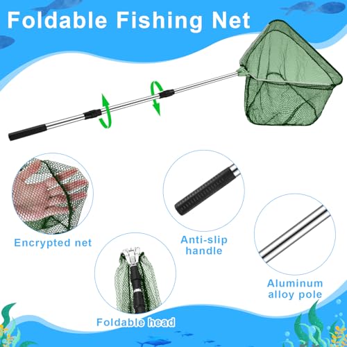2 Pcs Steel Wire Fish Basket and Fishing Landing Net with Extension Aluminum Telescoping Pole Includes 1 Portable Fishing Net with Handle 1 Collapsible Wire Fishing Basket for Women Men