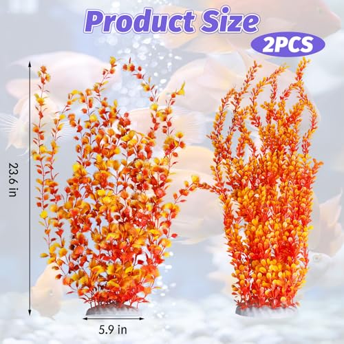 Hamiledyi Aquarium Plastic Plants Aquarium Decor Artificial Fish Tank Plants,Tall Fish Tank Decorations, Extra Large Aquarium Plant 23.6-inch Tall,2PCS（Orange Style B） - color: Orange（style B）