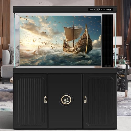 Sailing Ship Aquarium Background Splendid Surfy Ocean Flying Seagulls Fish Tank Background Majestic Golden Pirate Ship Terrarium Backgrounds Deep Seascape Blue Sky Reptile Tank Backgrounds 24x12in - color: Dark Blue, size: 24(W)x12(H)in