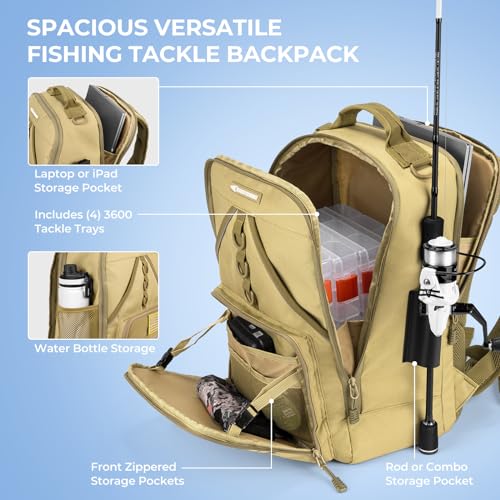 KastKing KarryAll Fishing Tackle Backpack with Rod Holder 4 Tackle Boxes,40/26L Tackle Bag Storage Fishing Gear and Equipment - color: E: Medium (26 L) - Khaki