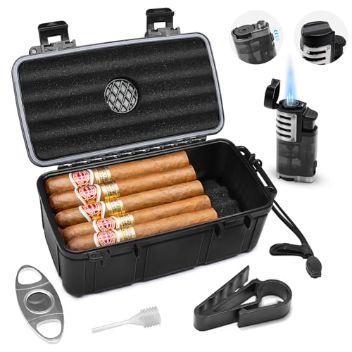 Flauno Travel Humidor - Portable Case Kit with Lighter (Without Gas), Cutter, Holder, Humidifier & Dropper, Waterproof, Crushproof, Airtight Seal (Holds up to 15 Cigars) - size: Holds up to 15 Cigars with Cigar Lighter
