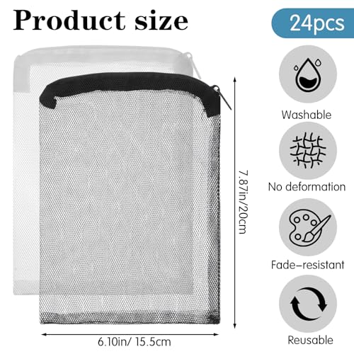 24 Pcs Mesh Bag for Aquarium Media, Aquarium Filter Media Bags Extra Fine 6.10×7.87 Inches with Zipper for Fish Tank Ceramic Rings Bio Balls(Black, White)