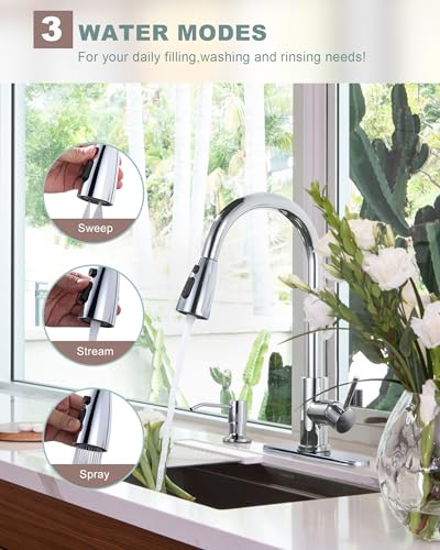 Chrome Kitchen Faucet with Soap Dispenser, WOWOW Stainless Steel Faucet for Kitchen Sink 2 or 4 Hole, High Arc Single Handle Pull Down Kitchen Faucet for Sink, RV, Laundry, Bar - color: Chrome, style: Kitchen Faucet with Soap Dispenser