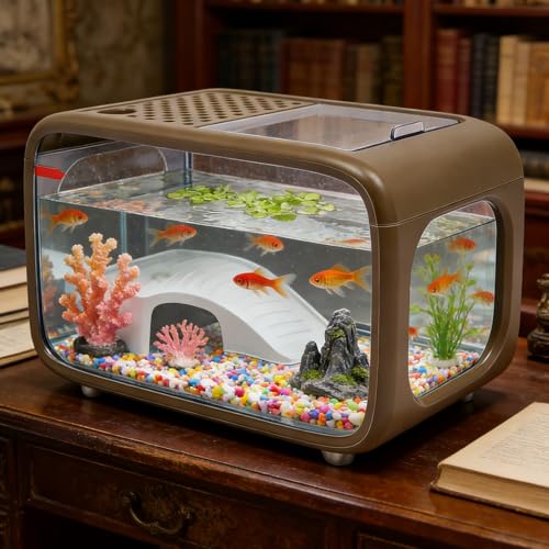 3.2 Gallon Plastic Fish Tank, Small Aquarium for Betta Fish Shrimp & Aquatic Plants, Shatterproof Mini Habitat with Clear Clarity, Desktop Decor for Home Office Plants Succulents (Brown) - color: Brown