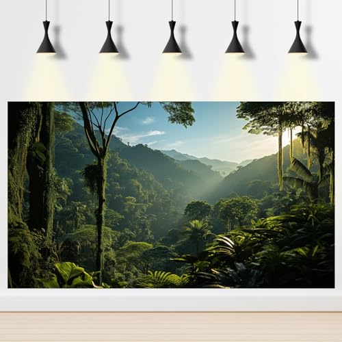 Tropical Aquarium Background Rainforest Jungle Style Terrarium Backdrop Blue Sky Forest Lush Tropical Plants Sunlight Fish Tank Background Reptile Habitat Backdrop Decor Vinyl 24x12in - color: Leaf Dark Green, size: 24(W)x12(H)inches/ 60(W)*30cm(H)