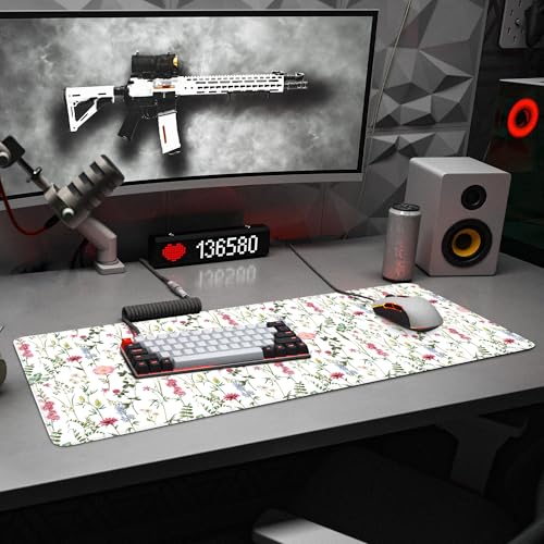 White Kawaii Flower Mouse Pad Large Desk Mat Extended Keyboard Mouse Pad Cute Mousepad with Non-Slip Base and Stitched Edge Floral Mouse Mat Desk Pad 31.5 x 11.8 Mouse Pads for Desk Home Office Gaming - color: White Wildflower