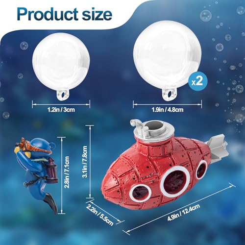 New Upgrade Floating Fish Tank Decoration, Cute Retro Submarine Set and Floating Diver,Three Float Balls, Aquarium Decorations Resinous Betta Fish Tank Accessories - color: Rose Red