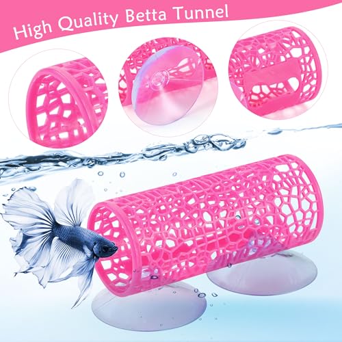 Betta Fish Tunnel Tank Accessories Safe Hollow Hammock Cave Aquarium Fish Toy Decor Hideout Tube Shelter with Suction Cups for Small Fish Shrimp Reptile Guppies Habitat (Hot Pink) - color: Pink
