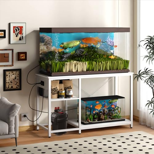 BEURUKU 55-75 Gallon Fish Tank Stand with Power Outlet & LED Light, Metal Aquarium Stand with 3 Tier Adjustable Storage Shelves, Tank Stand for Reptile Tank, Turtle Tank, 52" L*19.5" W, White - color: White, size: 55-75 Gallon