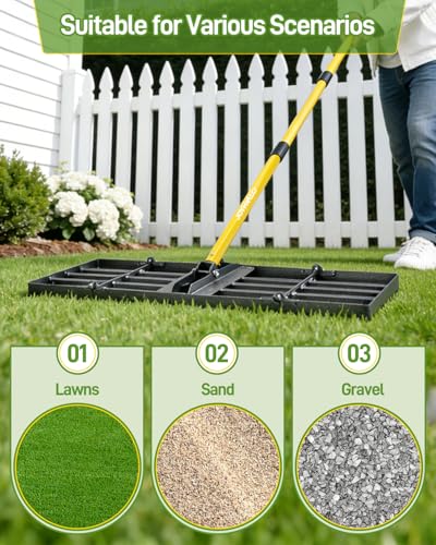 Lawn Leveling Rake, 36 Inch Yard Lawn Leveling for Soil with 78" Adjustable Steel Handle, Heavy Duty Effort Saving Landscape Lawn Leveler for Yard Garden Golf Course Soil Sand Dirt Grass - size: 36in