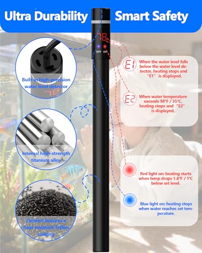 50W Titanium Aquarium Heater with LED Digital Display & External Controller – Submersible Fish Tank Heater, Precise ±1.8℉, IP68 Waterproof, for 3-7 Gallon Freshwater & Saltwater Tanks - size: 50W