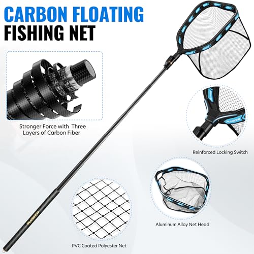 PLUSINNO Floating Fishing Net with Telescoping Handle, Carbon Fiber Ultralight Long Fish Net, Collapsible Landing Net 6.56/7.86Ft, Fishing Gear Kayak Accessories for Bass Trout Salmon - style: 6.56 Ft / 2.0m Full Length With Tool Kit