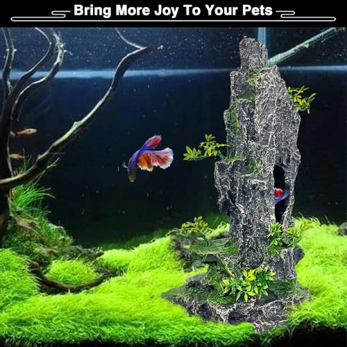Aquarium Mountain View Stone Ornament Tree Rock Cave Aquarium Decorations Large and Tall Extra Large Aquarium Decorations for Fish Tank Decorations for Fish Tank - 14 Inches High - color: Black Mountain View, size: Tall - Mountain View