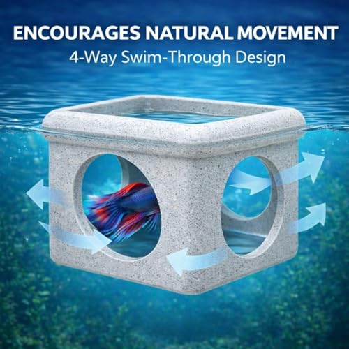 CPLIKE Marble Floating Betta Fish Hideout with Viewing Window & Round Holes – Floating Cave Hammock, Feeding Platform & Rest Tunnel – Betta Fish Shelter for Nano Tanks, Bowls & Small Aquariums - color: C: Grey