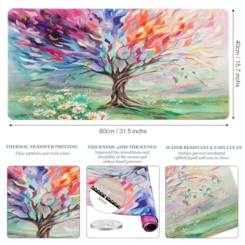 Desk Pad Oil Painting Tree, Desk Matt for Desktop, Seasons Tree of Life Gaming Mouse pad Extend XXL Large Anti-Slip Stitched Edges Waterproof Computer Laptop Keyboard Mat for Game, Home, Work, Office - color: Oil Painting Tree, size: 31.5" x 15.7"
