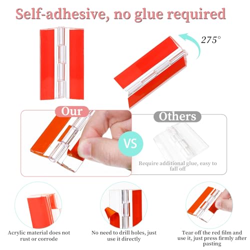 6 Pcs Self-Adhesive Clear Plastic Hinges 65x40mm Acrylic Small Hinges for Crafts Aquarium Lid Hinge Clear Foldable Hinge Tools for Cabinet Glass Furniture Display Stand
