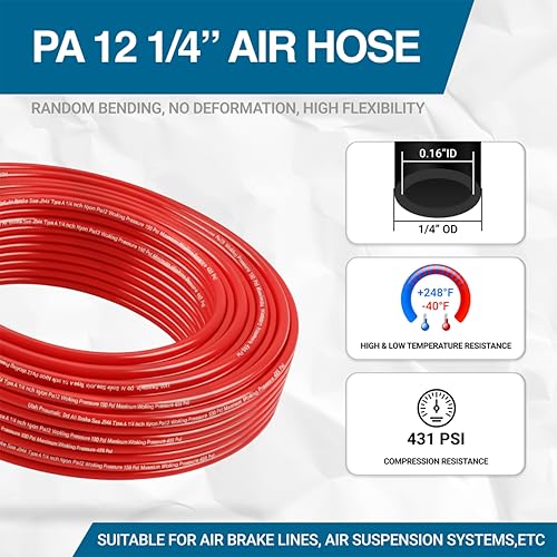 Utah Pneumatic 1/4" DOT Air Line SAE J844 PA12 Nylon Tubing for Air Suspension, Industrial Automation, Workshop Air Systems, Misting & Fluid Transfer, Red - 10 Meters (32.8ft) - color: Red, size: 1/4" x 32.8 Feet