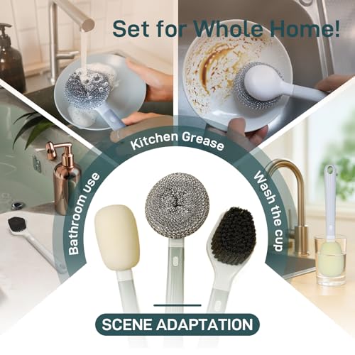 Dish Brush with Handle,4-Pieces Dish Brush Set with Holder,Replaceable Brush Heads Long Handle Kitchen Scrubber,for Pots,Sink,Pans &Bottles.Gray
