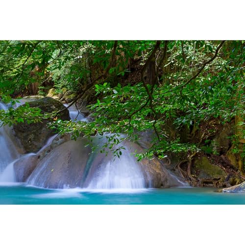 Waterfall Aquarium Background Jungle Forest Stream Fish Tank Background Rock Falls Green Trees Reptile Tank Backgrounds Natural Waterfall Forest Landscape Aquarium Backgrounds Wallpaper 24x12in - color: Dark_Green, size: 24(W)x12(H)inches/ 60(W)*30cm(H)