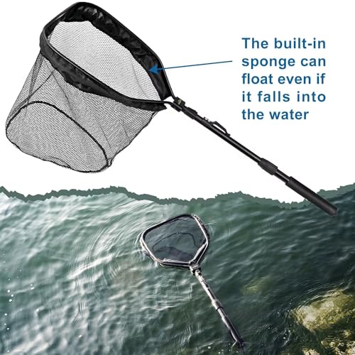 Rubber Coated Foldable Floating Fishing Net for Steelhead, Salmon, Catfish, Bass, Fly, Kayak, Easy Catch & Release with Telescopic Pole and Spring Shackle