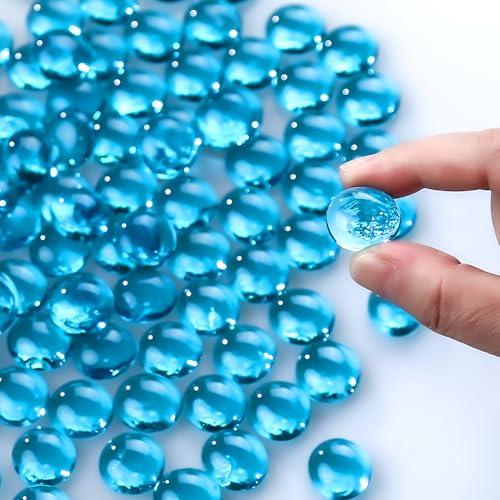 CYS EXCEL Light Blue Glass Gemstone Beads Vase Fillers (1 LB) Flat Marble Beads Multiple Color Choices Aquarium Decor Rocks Floral Stones Decorative Mosaic Glass Gem Pebbles (Approx. 85~100 PCS) - color: Light Blue, size: 1 lb