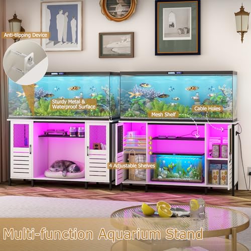 BREEZEHEAT Fish Tank Stand with Power Outlet, LED Light, 1250lbs Capacity, Heavy Duty Metal 55-75 Gallon Aquarium Stand with Cabinet, Terrarium stand Suitable for Turtle & Reptile Tank, White