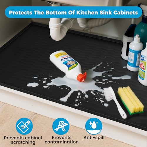URMONA 16'' x 10'' Waterproof Silicone Under Sink Mat Cabinet and Counter Protector, Shelf Liner for Kitchen and Bathroom, Storage and Organizers, Litter Mat, Pet Cat Puppy Essentials(Black) - color: Black, size: 16"L x 10"W